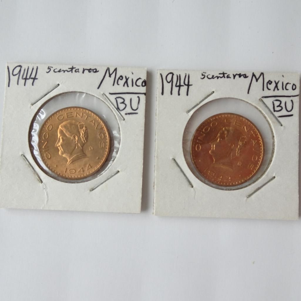 Lot of 2 - 1944 Mexico 5 Centavos Coins BU Condition Mexican Coin Set: Offered for auction is a lot of two 1944 Mexican 5 Centavos coins. These copper coins feature the portrait of Josefa Ortiz de Dominguez, a key figure in Mexico?s independence movement. Both coins show