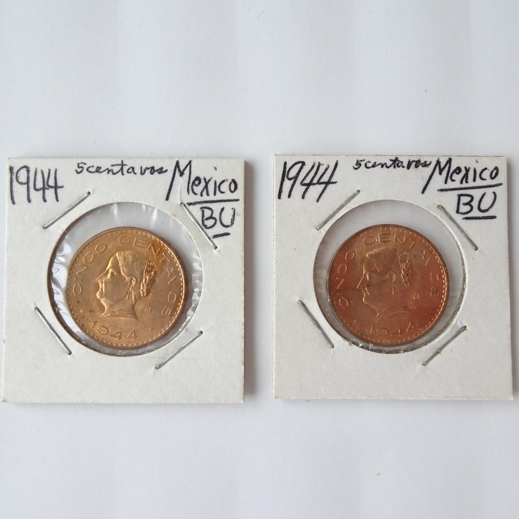 Lot of 2 - 1944 Mexico 5 Centavos Coins BU Condition Mexican Coin Set: Offered for auction is a lot of two 1944 Mexican 5 Centavos coins. These copper coins feature the portrait of Josefa Ortiz de Dominguez, a key figure in Mexico?s independence movement. Both coins show