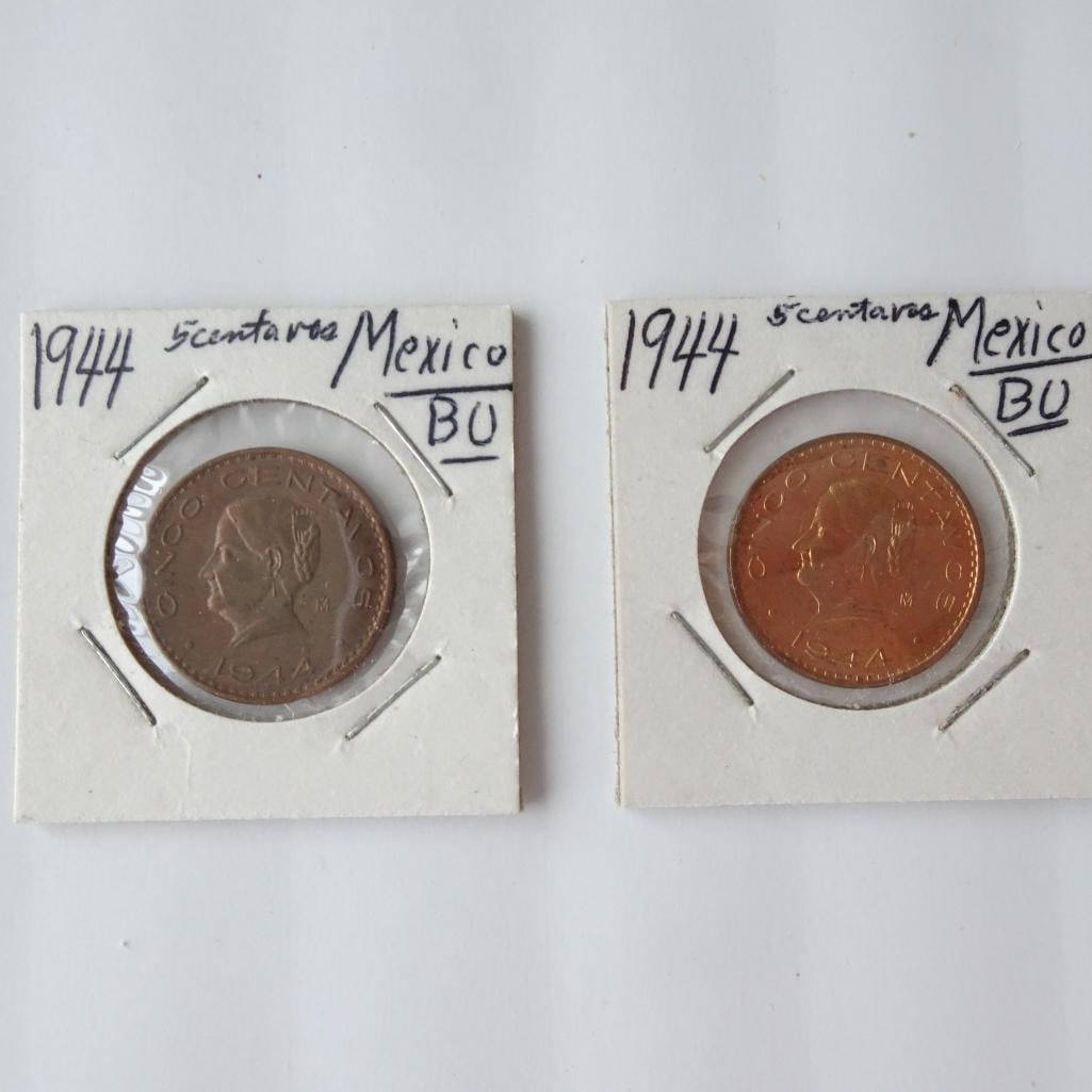 Lot of 2 - 1944 Mexico 5 Centavos Coins BU Condition Mexican Coin Set: Offered for auction is a lot of two 1944 Mexican 5 Centavos coins. These copper coins feature the portrait of Josefa Ortiz de Dominguez, a key figure in Mexico?s independence movement. Both coins show