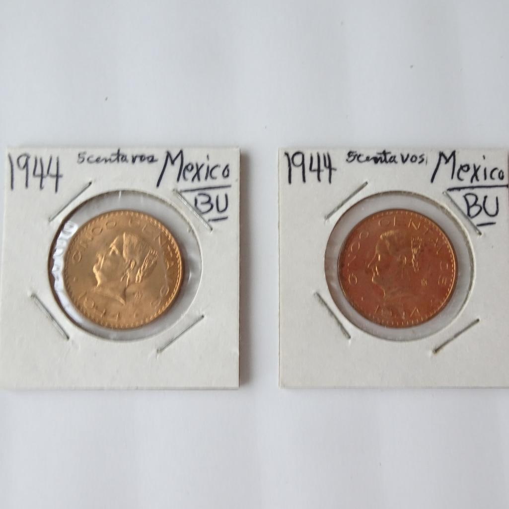Lot of 2 - 1944 Mexico 5 Centavos Coins BU Condition Mexican Coin Set: Offered for auction is a lot of two 1944 Mexican 5 Centavos coins. These copper coins feature the portrait of Josefa Ortiz de Dominguez, a key figure in Mexico?s independence movement. Both coins show