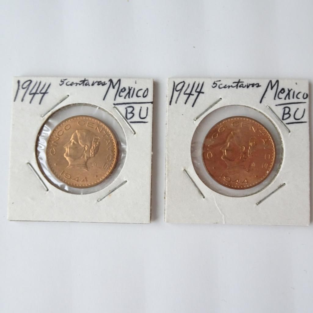 Lot of 2 - 1944 Mexico 5 Centavos Coins BU Mexican Copper World Coins: Offered for auction is a lot of two 1944 Mexico 5 Centavos coins. These classic Mexican copper coins feature the portrait of Josefa Ortiz de Dominguez, an important figure in Mexico?s independence mov