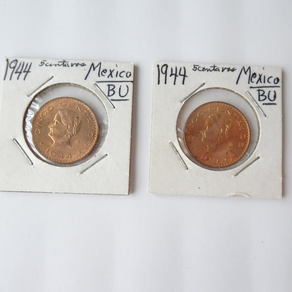 Lot of 2 - 1944 Mexico 5 Centavos Coins BU Mexican Copper World Coins: Offered for auction is a lot of two 1944 Mexico 5 Centavos coins. These classic Mexican copper coins feature the portrait of Josefa Ortiz de Dominguez, an important figure in Mexico?s independence mov
