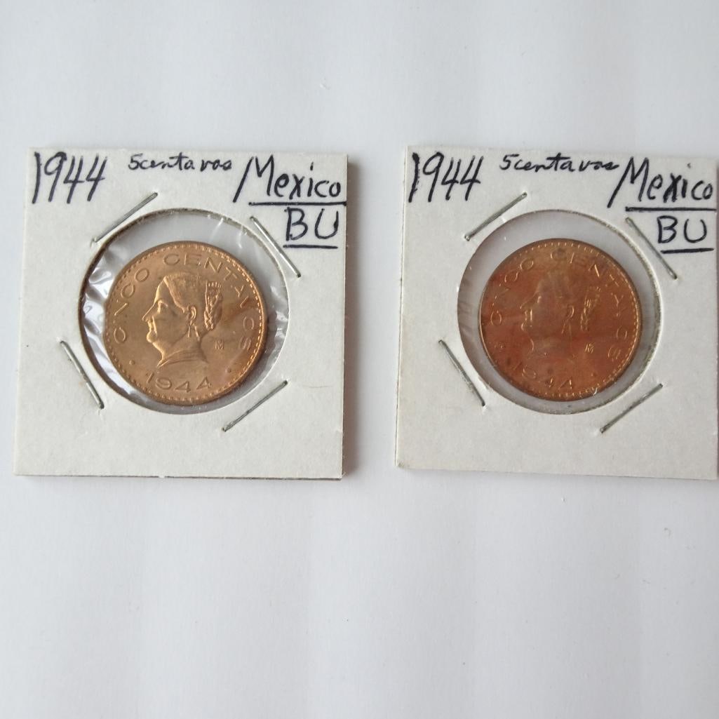 Lot of 2 - 1944 Mexico 5 Centavos Coins BU Mexican Copper World Coins: Offered for auction is a lot of two 1944 Mexico 5 Centavos coins. These classic Mexican copper coins feature the portrait of Josefa Ortiz de Dominguez, an important figure in Mexico?s independence mov