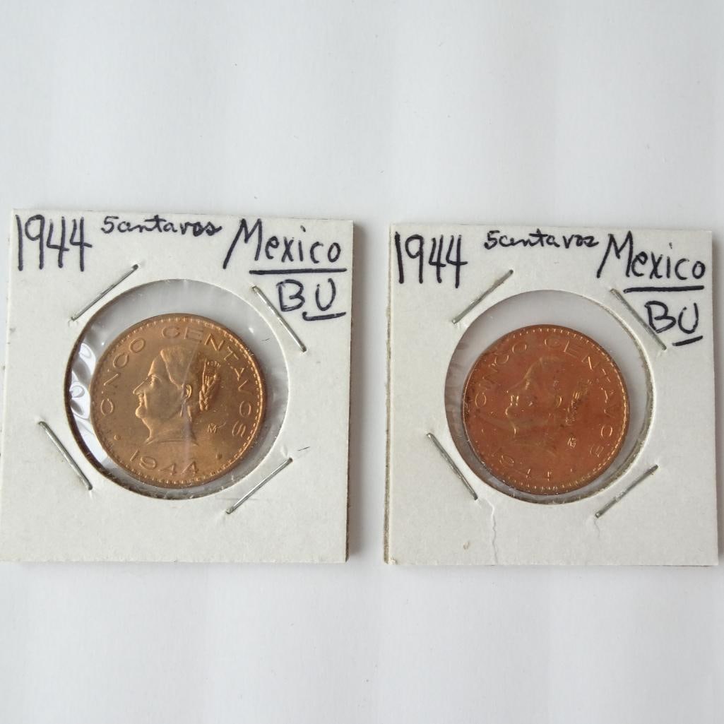 Lot of 2 - 1944 Mexico 5 Centavos Coins BU Mexican Copper World Coins: Offered for auction is a lot of two 1944 Mexico 5 Centavos coins. These classic Mexican copper coins feature the portrait of Josefa Ortiz de Dominguez, an important figure in Mexico?s independence mov