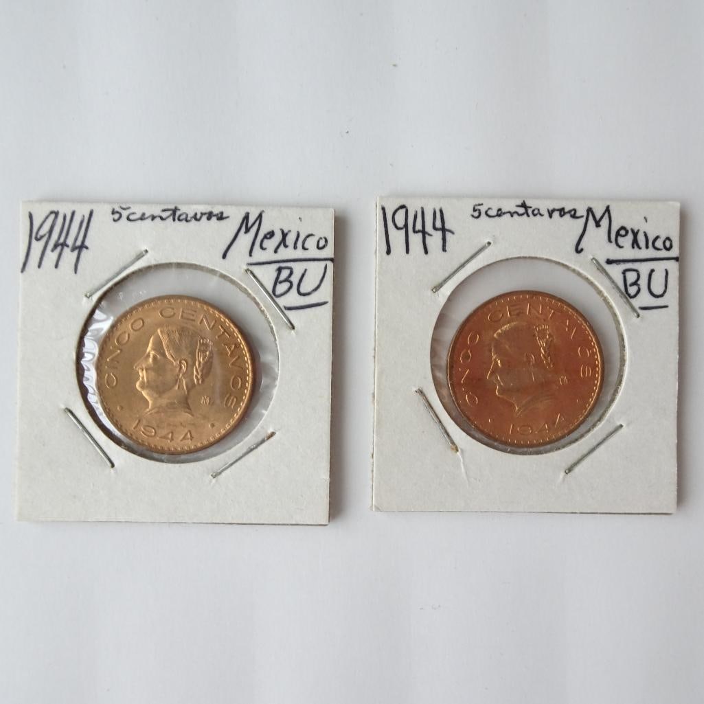 Lot of 2 - 1944 Mexico 5 Centavos Coins BU Mexican Copper World Coins: Offered for auction is a lot of two 1944 Mexico 5 Centavos coins. These classic Mexican copper coins feature the portrait of Josefa Ortiz de Dominguez, an important figure in Mexico?s independence mov