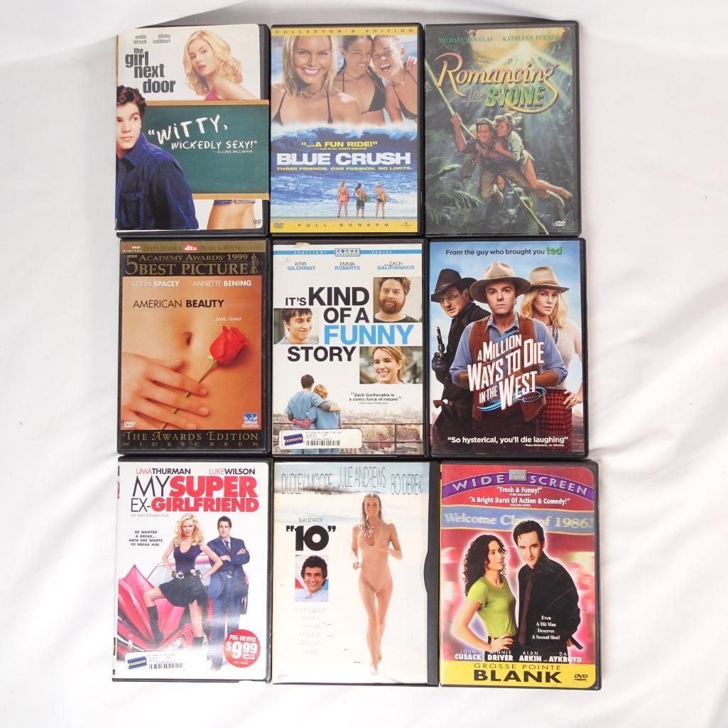Lot of 9 DVDs - American Beauty, Romancing the Stone, Blue Crush, Girl Next Door, Comedy and Drama: Lot of 9 DVD movies featuring a mix of comedy, drama, romance, and classic titles. Great bundle for movie collectors or anyone looking to expand their DVD collection. All DVDs come in their original c