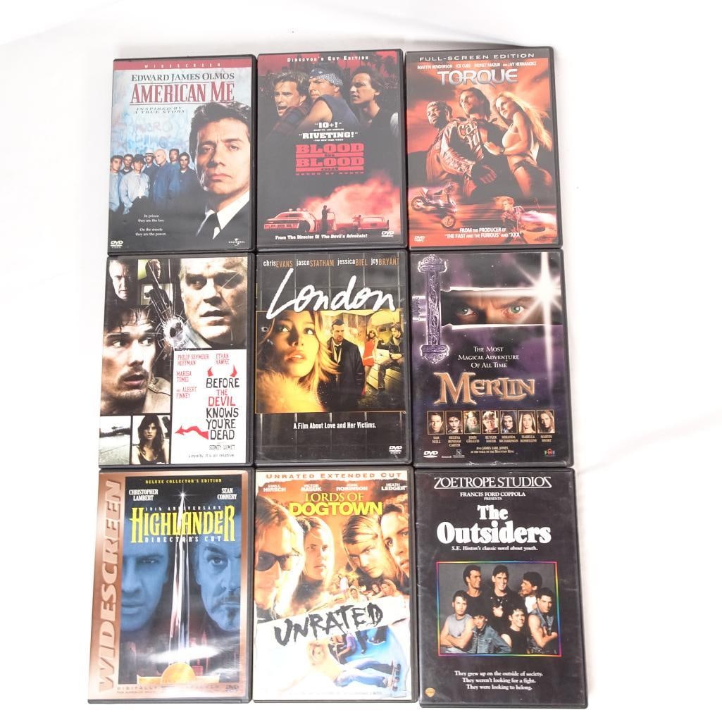 Lot of 9 DVDs - Highlander, The Outsiders, American Me, Blood In Blood Out, Merlin: Lot of 9 DVD movies featuring a mix of action, drama, crime, and cult classic films. A great bundle for movie collectors or fans of classic and modern cinema. All DVDs come in their original cases. Pr