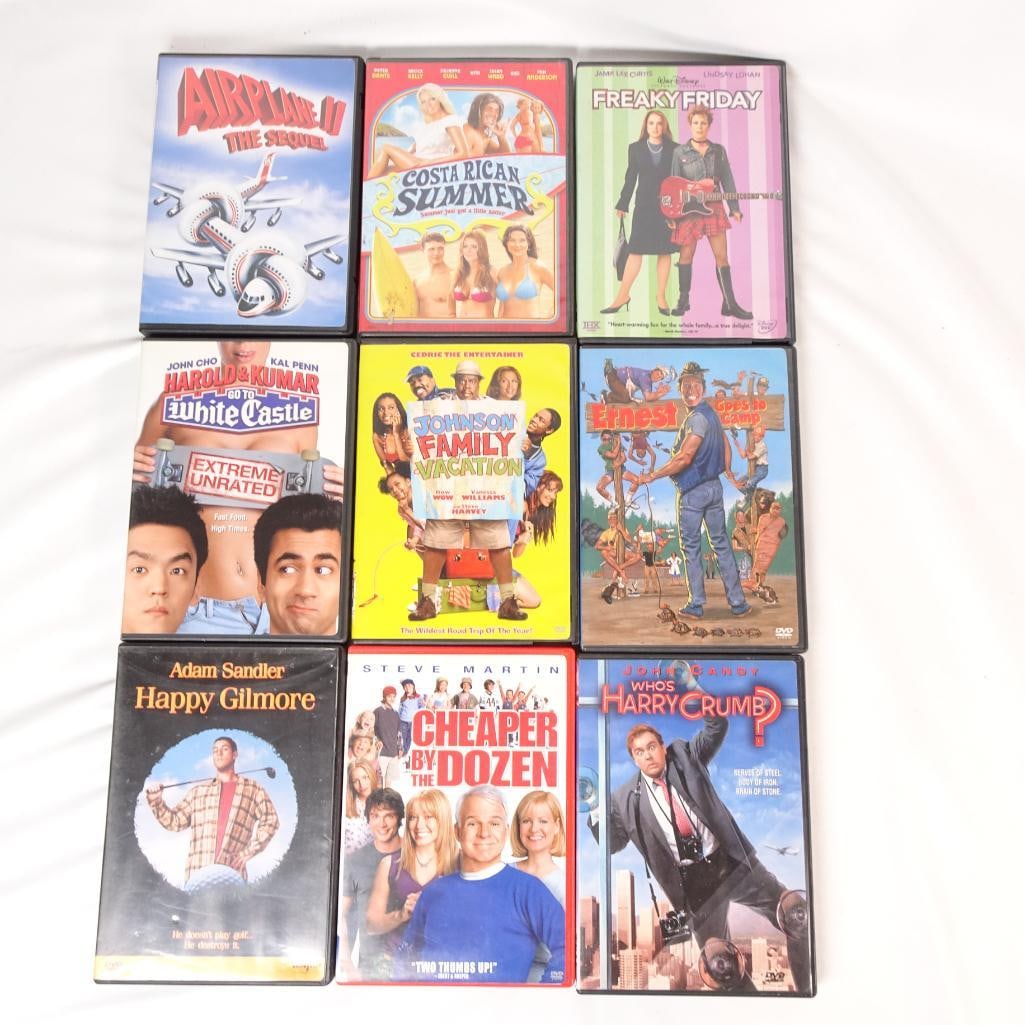Lot of 9 Comedy DVDs - Happy Gilmore, Harold and Kumar, Freaky Friday: Lot of 9 DVD movies featuring comedy and family entertainment. A fun mix of classic comedies, family movies, and cult favorites. All DVDs come in their original cases. Pre-owned condition with normal 