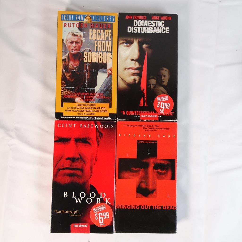 Lot of 4 VHS Movies - Blood Work, Bringing Out the Dead, Domestic Disturbance, Escape From Sobibor: Lot of 4 movies on VHS tape, featuring a mix of thriller, drama, and crime films with well-known actors. A solid collection of suspense, drama, and classic films, great for fans of vintage VHS media a