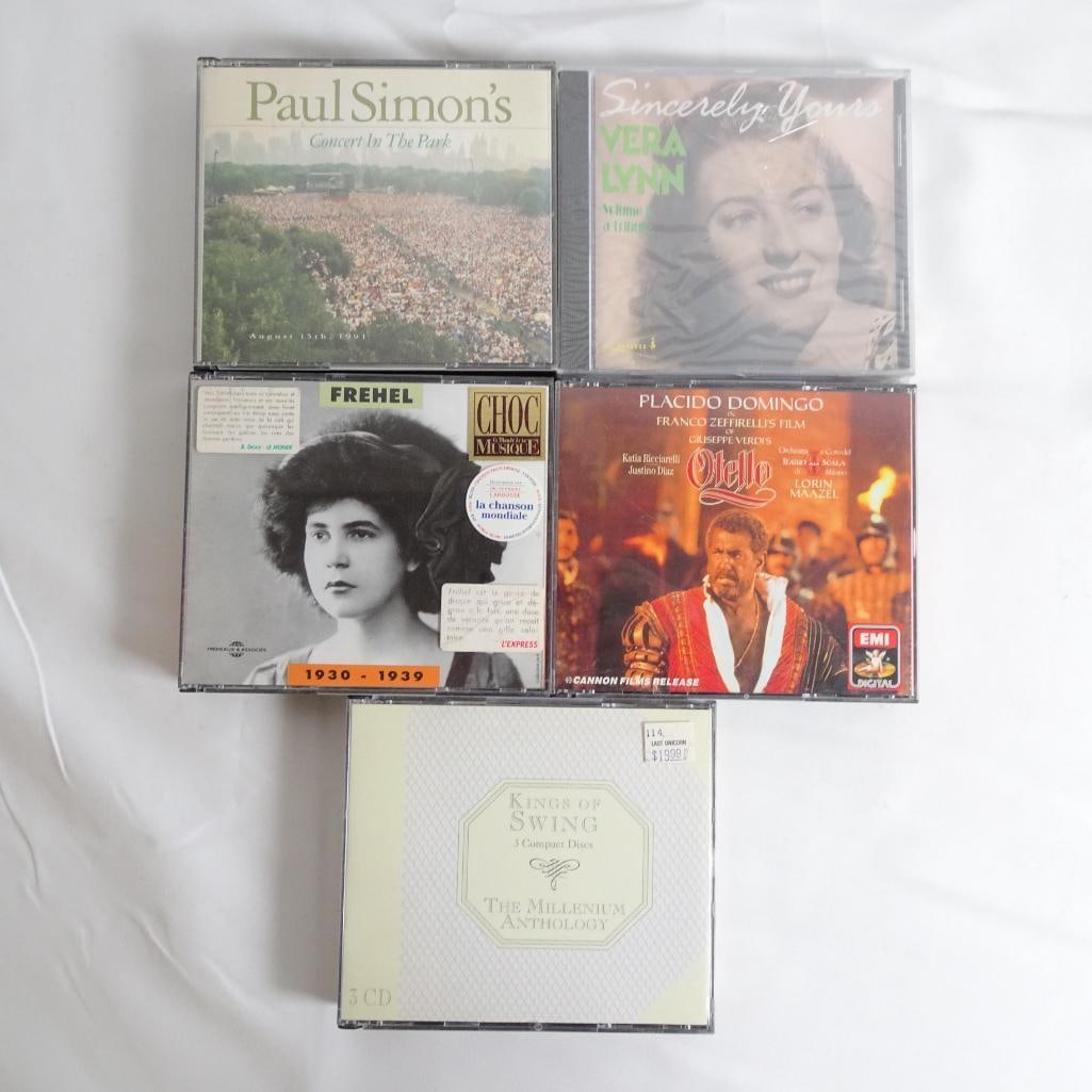 Lot of 5 CDs - Jazz, Swing and Classical Collection (Paul Simon, Vera Lynn, Glenn Miller 3CD): Lot of 5 CDs featuring a mix of jazz, swing, vintage vocal, and classical music. A great collection for fans of classic pop, big band swing, vintage European recordings, and opera.