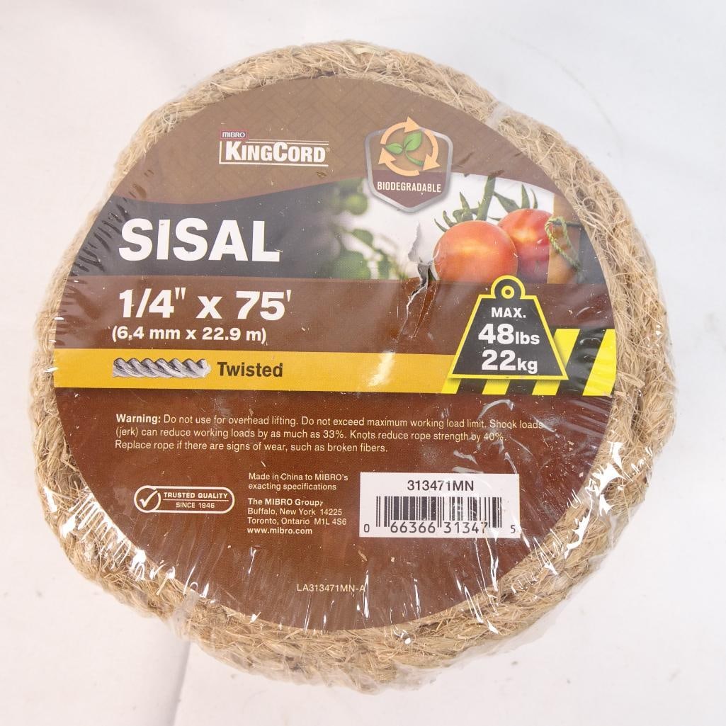 Mibro KingCord Sisal Rope 1/4" x 75 ft Twisted Biodegradable Garden Rope: Offered here is a Mibro KingCord Sisal Twisted Rope roll. Condition: Appears to be new / sealed in original wrap. Condition notes: Packaging shows light storage wear Please review all photos carefully