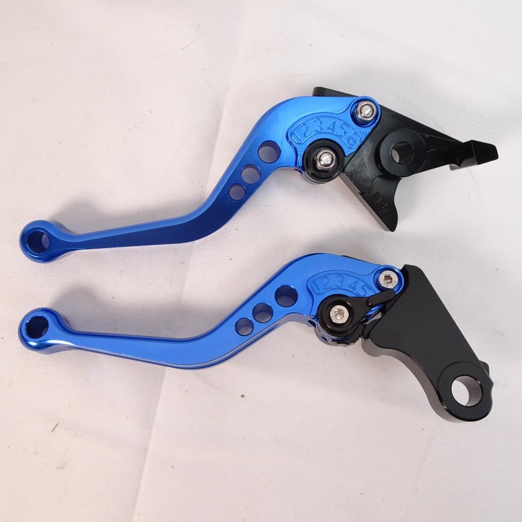 FXCNC Adjustable Motorcycle Brake Clutch Lever Set Blue Black Yamaha Y7-L F7-R: FXCNC adjustable motorcycle brake and clutch lever set in blue/black. Includes pair with original box. Appears new.