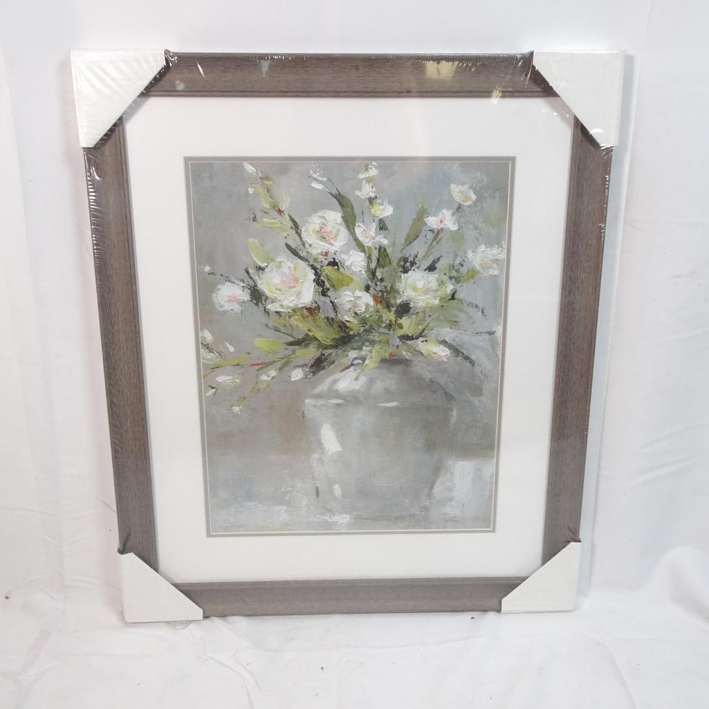 Framed Floral Wall Art Country Bouquet II 21x25 New: Beautiful framed floral wall art by Made on Earth titled "Country Bouquet II." This piece features a soft, elegant bouquet in a neutral vase with muted gray, cream, and green tones, making it a lovely