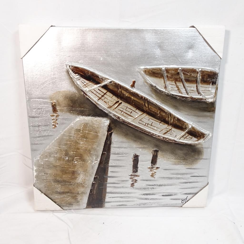 Textured Boats Canvas Wall Art Coastal Lake Scene Neutral Brown Gray (1 of 7)