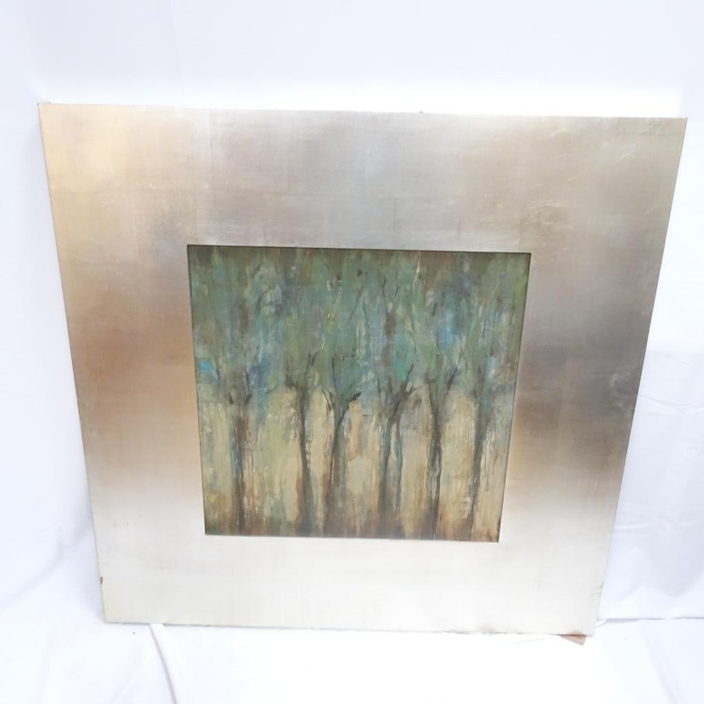 Uttermost Framed Landscape Tree Wall Art Large Contemporary Decor: Beautiful large framed wall art by Uttermost featuring a soft contemporary tree landscape in muted green, blue, taupe, cream, and neutral tones. The oversized square format makes it a great statement 
