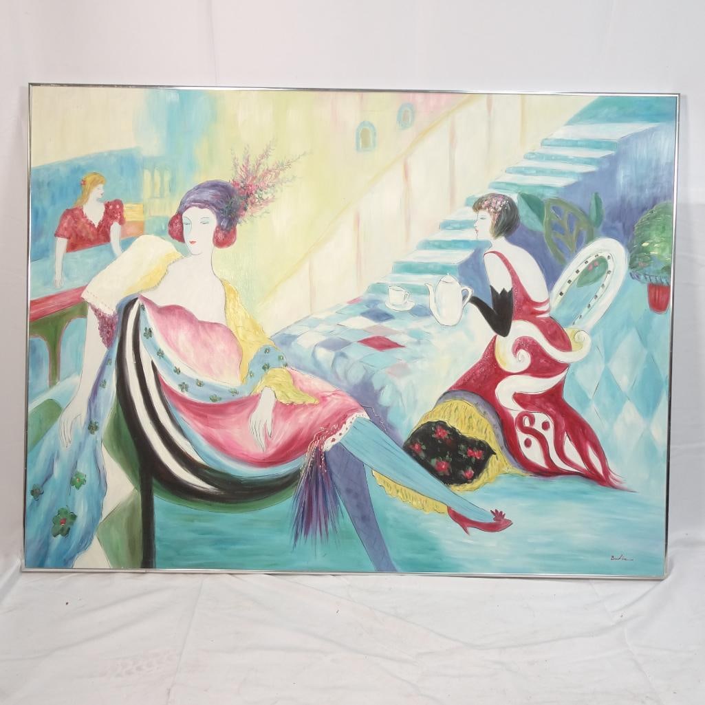 Large Framed Art Deco Style Painting Women Cafe Scene Signed Budin (1 of 5)