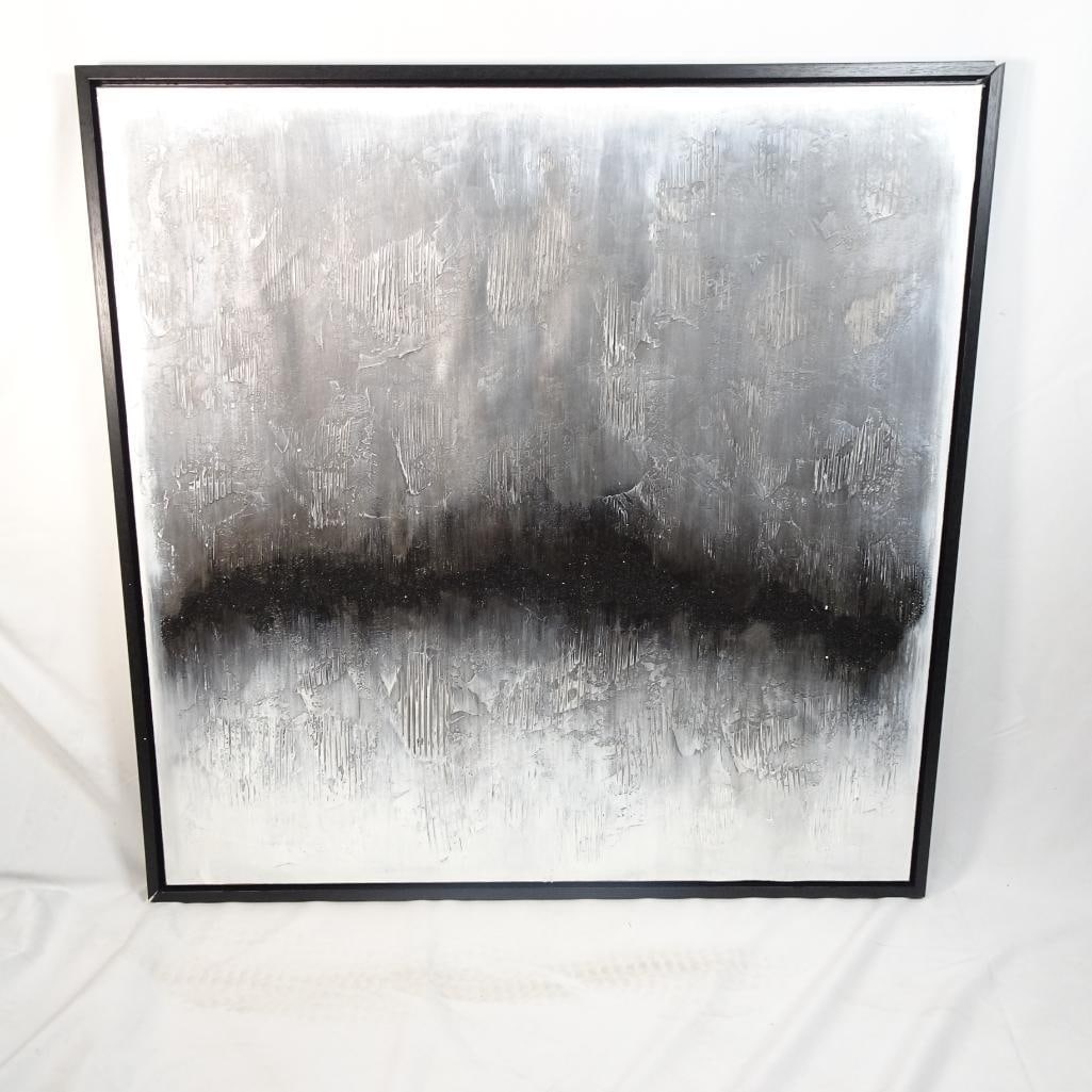 Large Framed Textured Abstract Painting Black Gray White Modern Wall Art: Large framed textured abstract painting in a modern monochrome palette of black, gray, silver, and white. This striking piece features layered texture and a bold horizontal dark band across the center