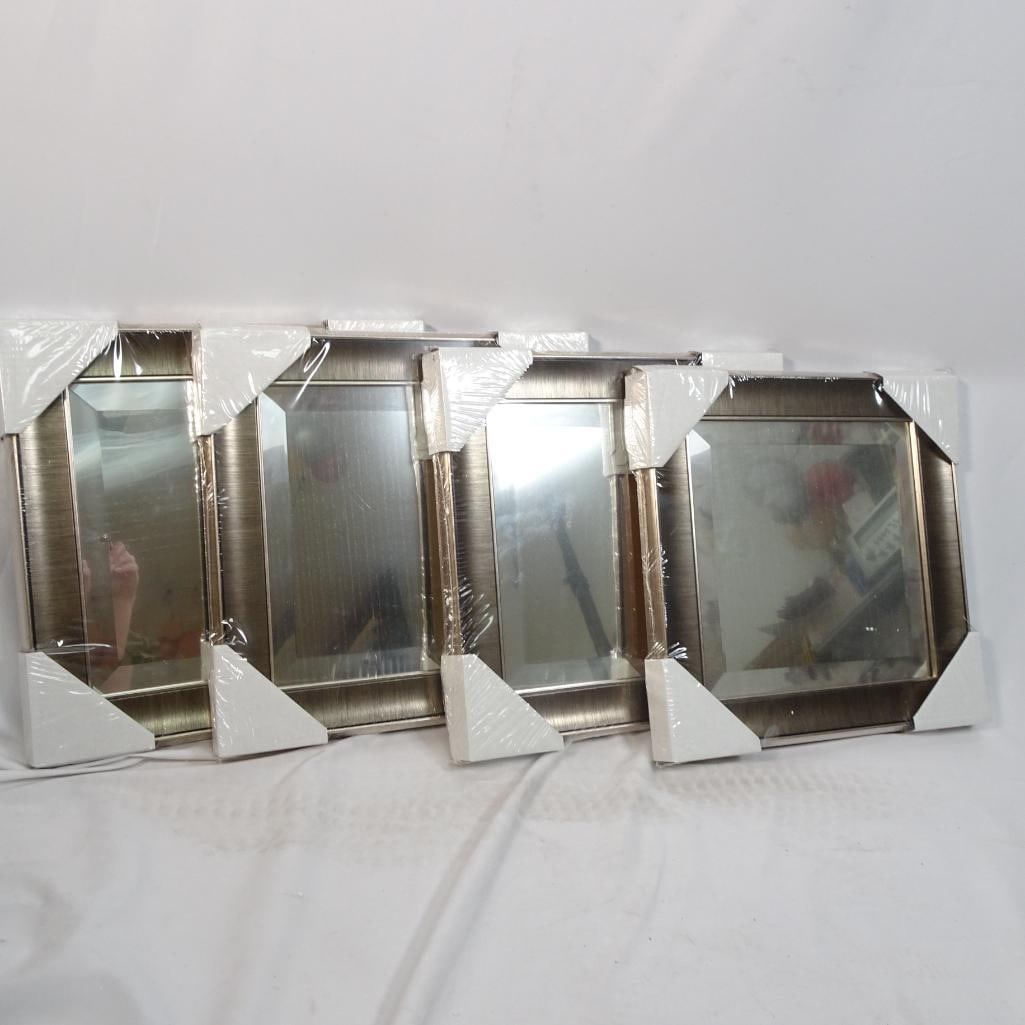Set of 5 Beveled Wall Mirrors Brushed Nickel Frame 12x12 New: Set of 5 square beveled wall mirrors with brushed metal frames. Modern and elegant design, perfect for creating a gallery wall, entryway accent, bathroom decor, or contemporary interior styling. Each 