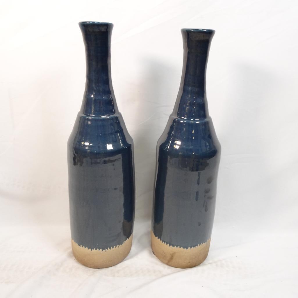 Set of 2 Tall Blue Glazed Ceramic Floor Vases Decorative Bottle Style (1 of 4)