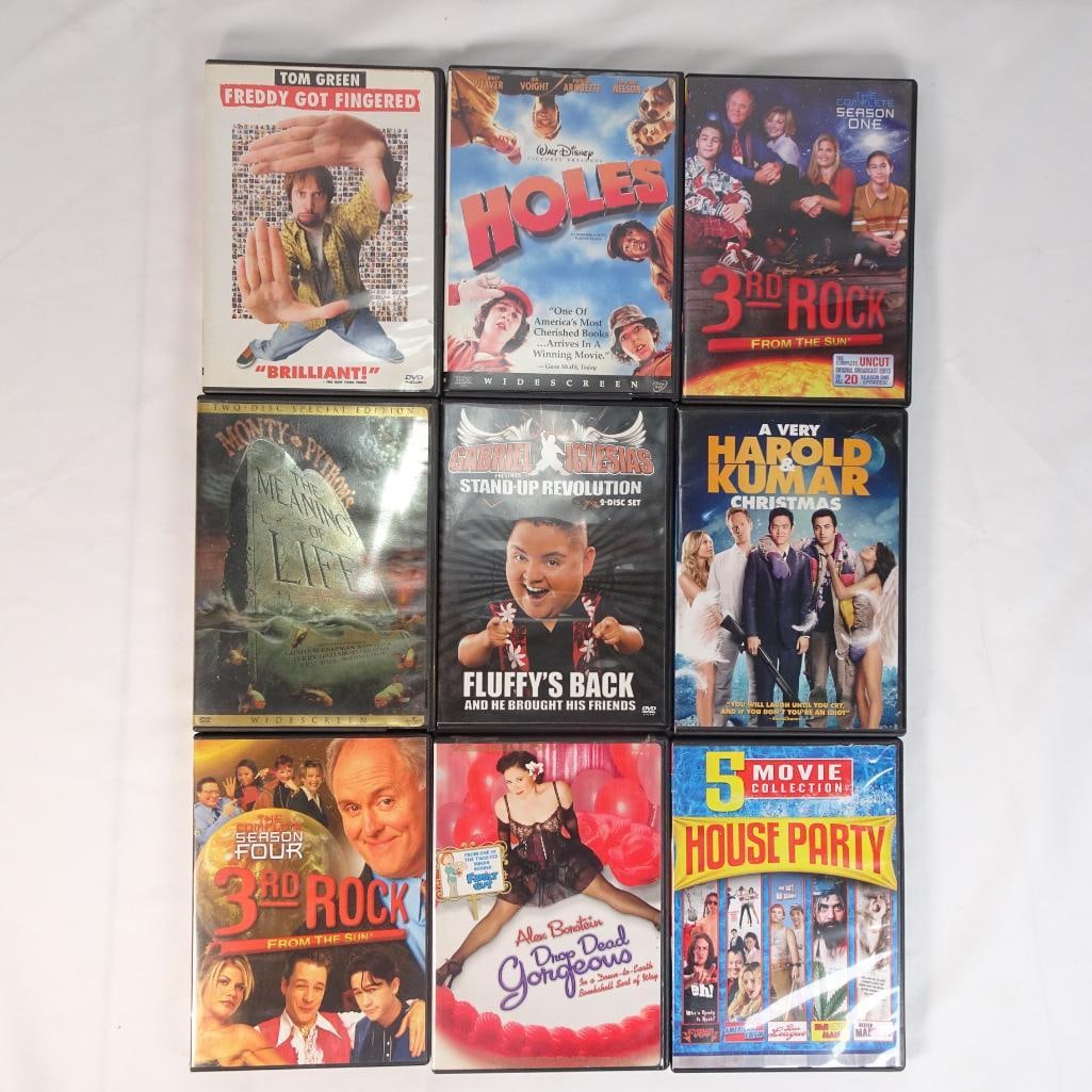 Lot of 9 DVD Comedy Movies and TV | Harold and Kumar, Holes, 3rd Rock + More: Lot of 9 DVD movies and TV series featuring comedy, classics, and fan favorites. Great mixed bundle for collectors, resellers, or casual movie nights. Pre-owned with visible wear on cases and covers. 