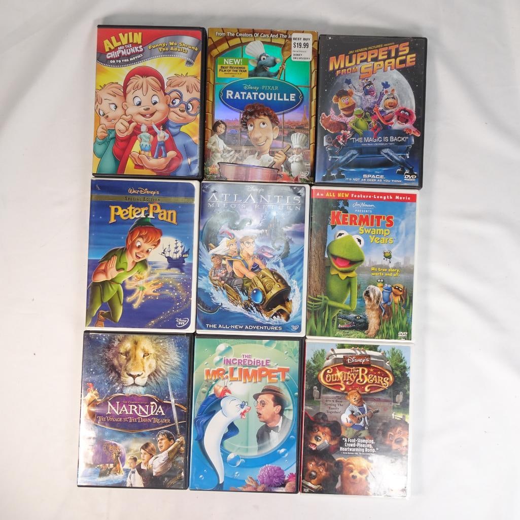 Lot of 9 Kids Family DVD Movies | Disney, Pixar, Muppets, Narnia + More: Lot of 9 DVD movies featuring kids, family, Disney, Pixar, and Muppets titles. Great family-friendly bundle with recognizable and popular movies. Condition: Pre-owned condition with visible shelf wear