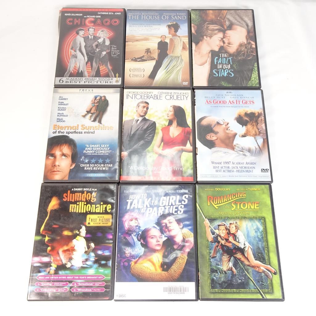 Lot of 9 DVD Movies | Chicago, Eternal Sunshine, Fault in Our Stars + More: Lot of 9 DVD movies featuring romance, drama, comedy, and award-winning titles. Strong and recognizable collection with several popular and acclaimed films. Condition: Pre-owned condition with visible