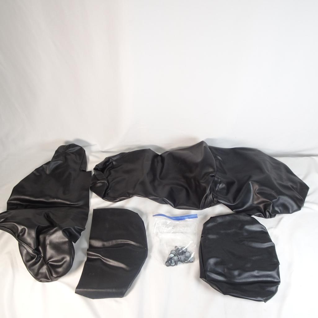 Motorcycle seat cover kit: Motorcycle seat cover upholstery kit made from black Enduratex vinyl. Condition: Pre-owned. Shows signs of handling, creases, and light wear. No major damage visible. Please review all photos and meas