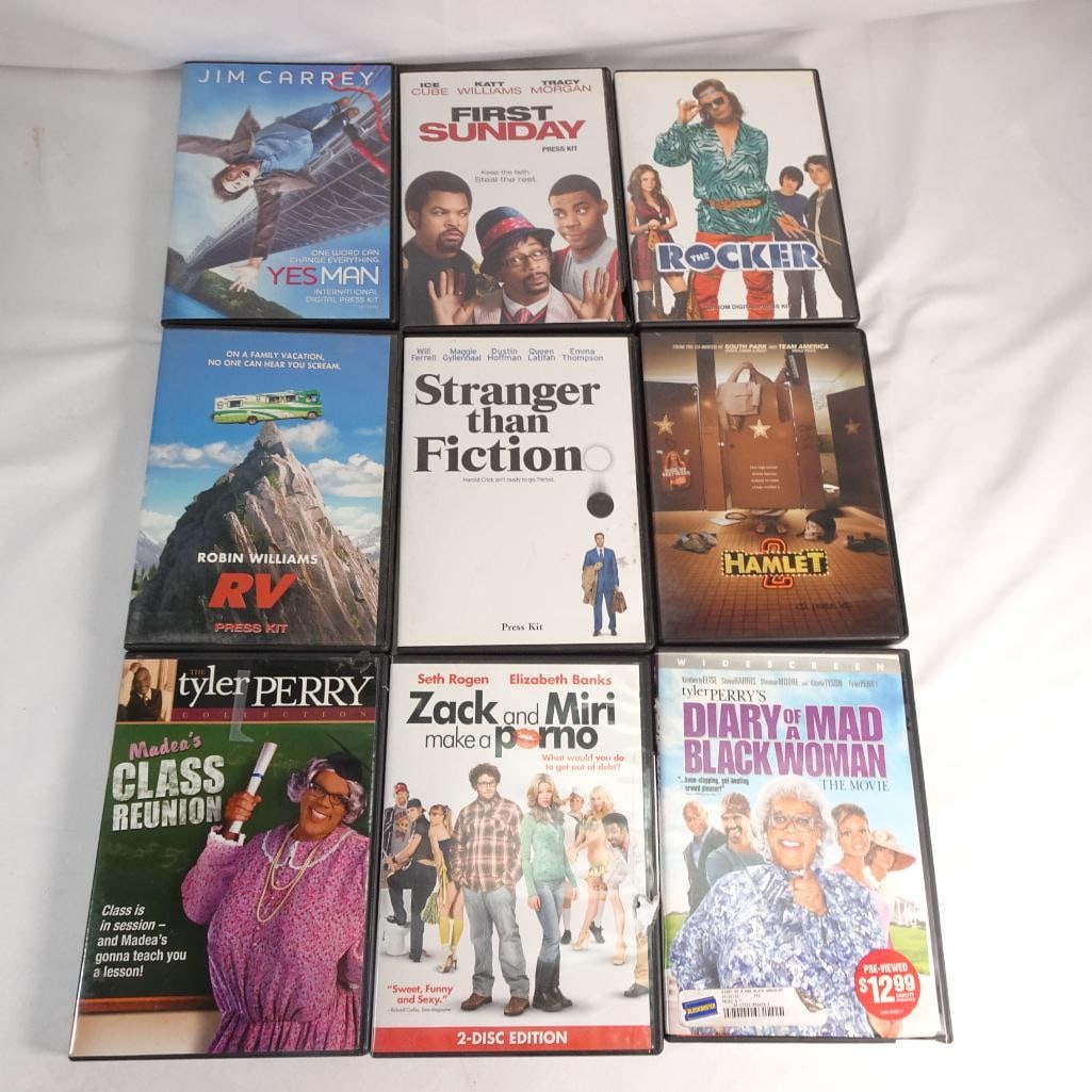 DVD Movie Lot 9 Comedy Films Yes Man Zack and Miri Tyler Perry + Press Kits Bundle: Mixed DVD lot featuring 9 comedy films, including several collectible press kit editions. Pre-owned. Discs in good condition with normal wear. Some cases may have stickers or shelf wear (see photos).