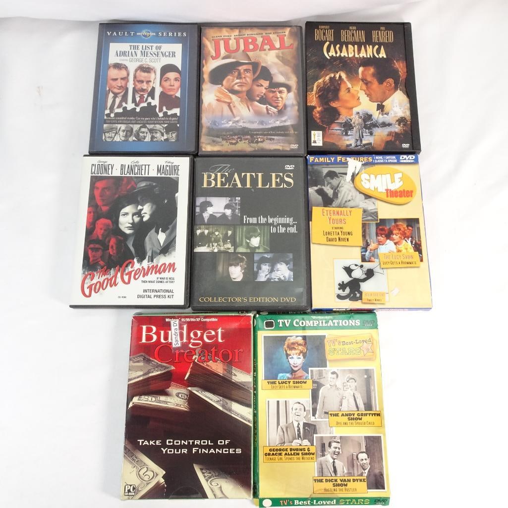 DVD Movie Lot Casablanca Jubal Beatles Clooney Cate Blanchett Classic Films Bundle: Mixed DVD lot featuring 8 films, documentaries, and classic TV content. Pre-owned. Discs in good condition with normal wear. Cases may show shelf wear or stickers (see photos).