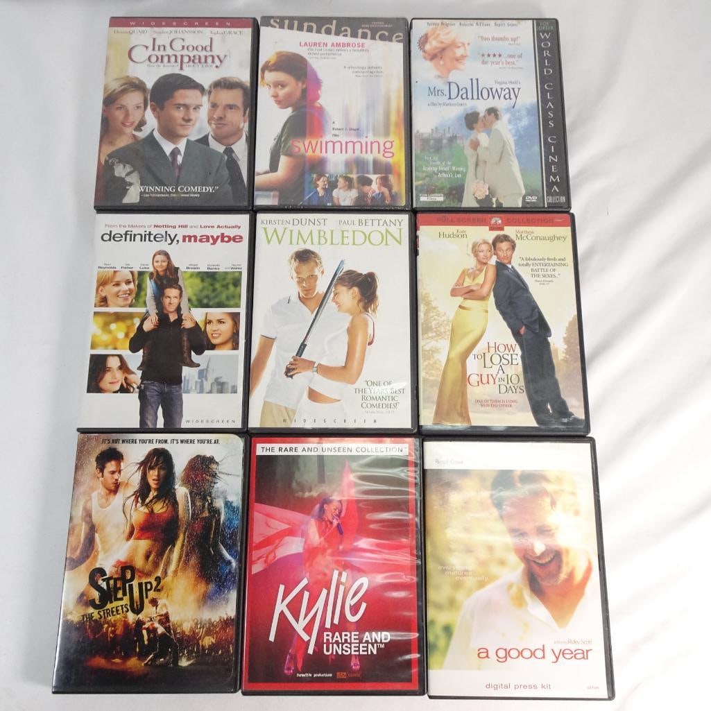 DVD Movie Lot 9 Romance Comedy Films Wimbledon How to Lose a Guy Step Up 2: Mixed DVD lot featuring 9 romance, comedy, and drama films. Pre-owned. Discs are in good condition with normal wear. Cases may show minor shelf wear or stickers (see photos).