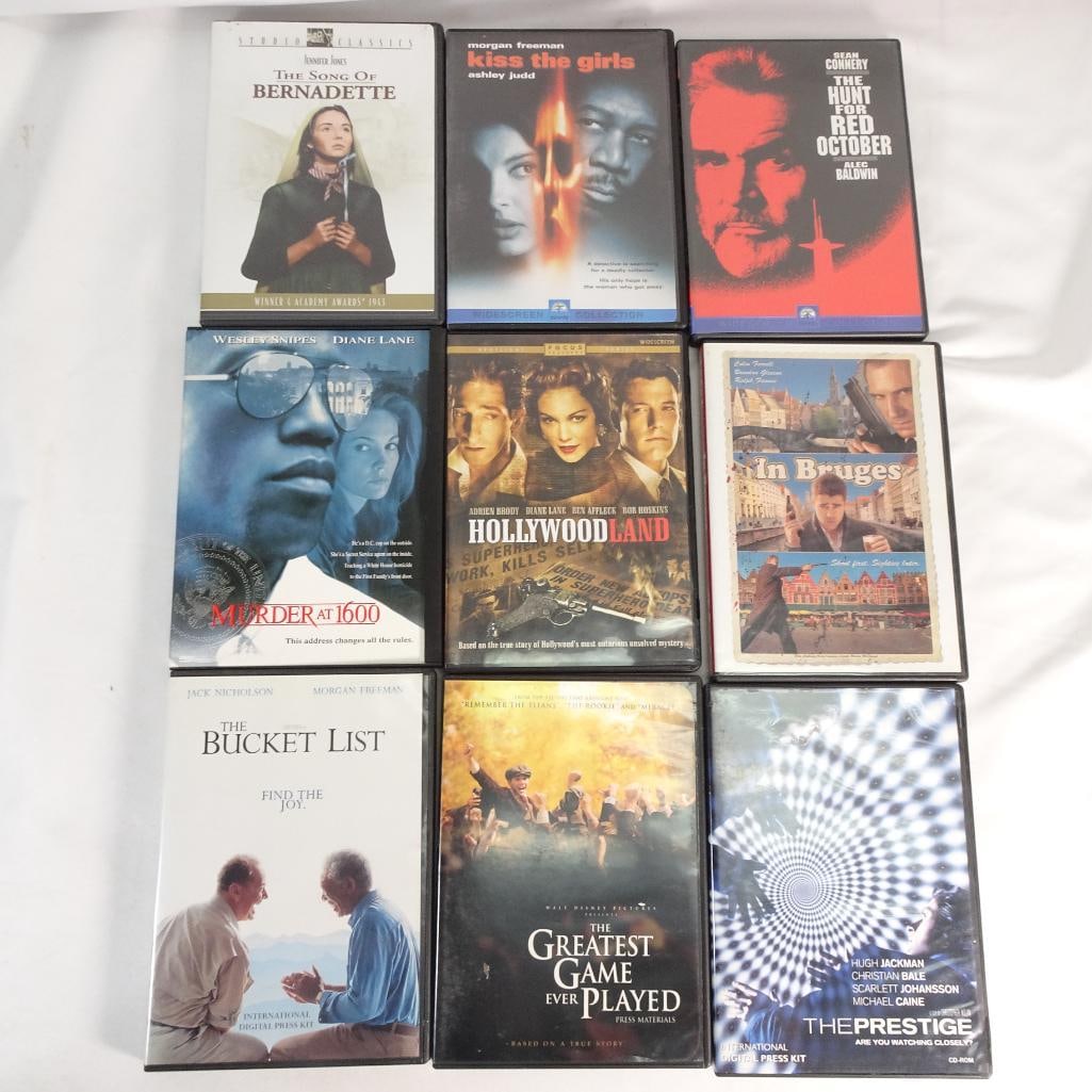DVD Movie Lot (9) - The Prestige, Bucket List, Hunt for Red October, In Bruges + More: Mixed lot of 9 DVDs including popular films and some press kit / promotional editions. Great mix of drama, thriller, and classics - perfect for collectors or resale. Condition: Pre-owned. Cases may sh