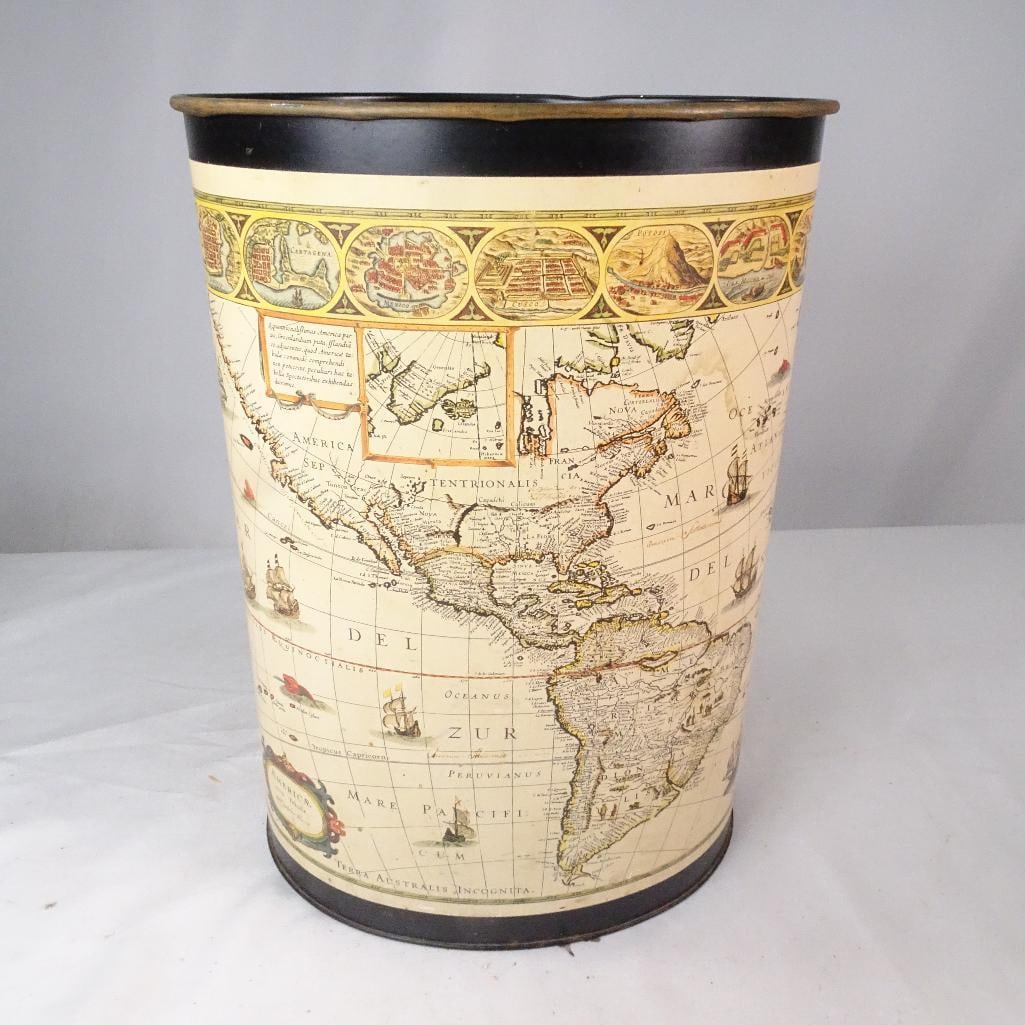 Vintage World Map Metal Wastebasket: Unique vintage-style metal wastebasket featuring an antique world map design with ships, explorers, and old-world cartography artwork. A great decorative accent piece for office, library, study, trave