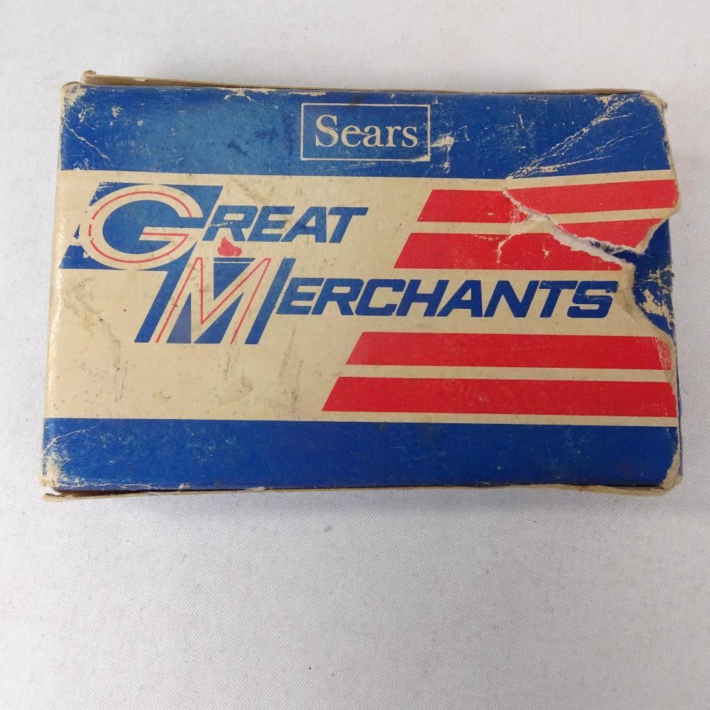 Vintage Sears Great Merchants Playing Cards Deck: Vintage promotional playing card deck from Sears featuring the classic "Great Merchants" design in red, white, and blue graphics. Includes original cardboard storage box marked "Sears, Roebuck and Co.