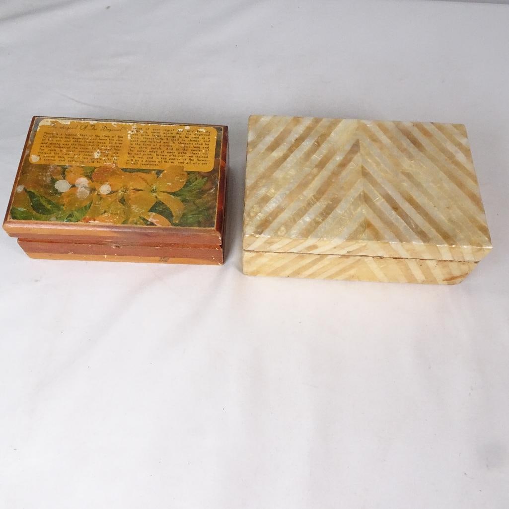 Vintage Capiz Shell Inlay Jewelry Box Chevron Pattern Trinket Box Beige Cream (1 of 9)