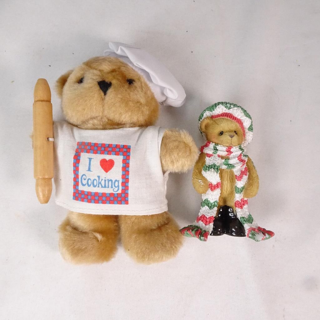 Vintage Teddy Bear Figurine and Plush Chef Bear Lot Christmas Resin Bear Collectible: Cute vintage teddy bear collectible lot featuring: Small plush chef teddy bear wearing a white chef hat and "I __ Cooking" shirt while holding a wooden rolling pin Resin holiday teddy bear figurine we