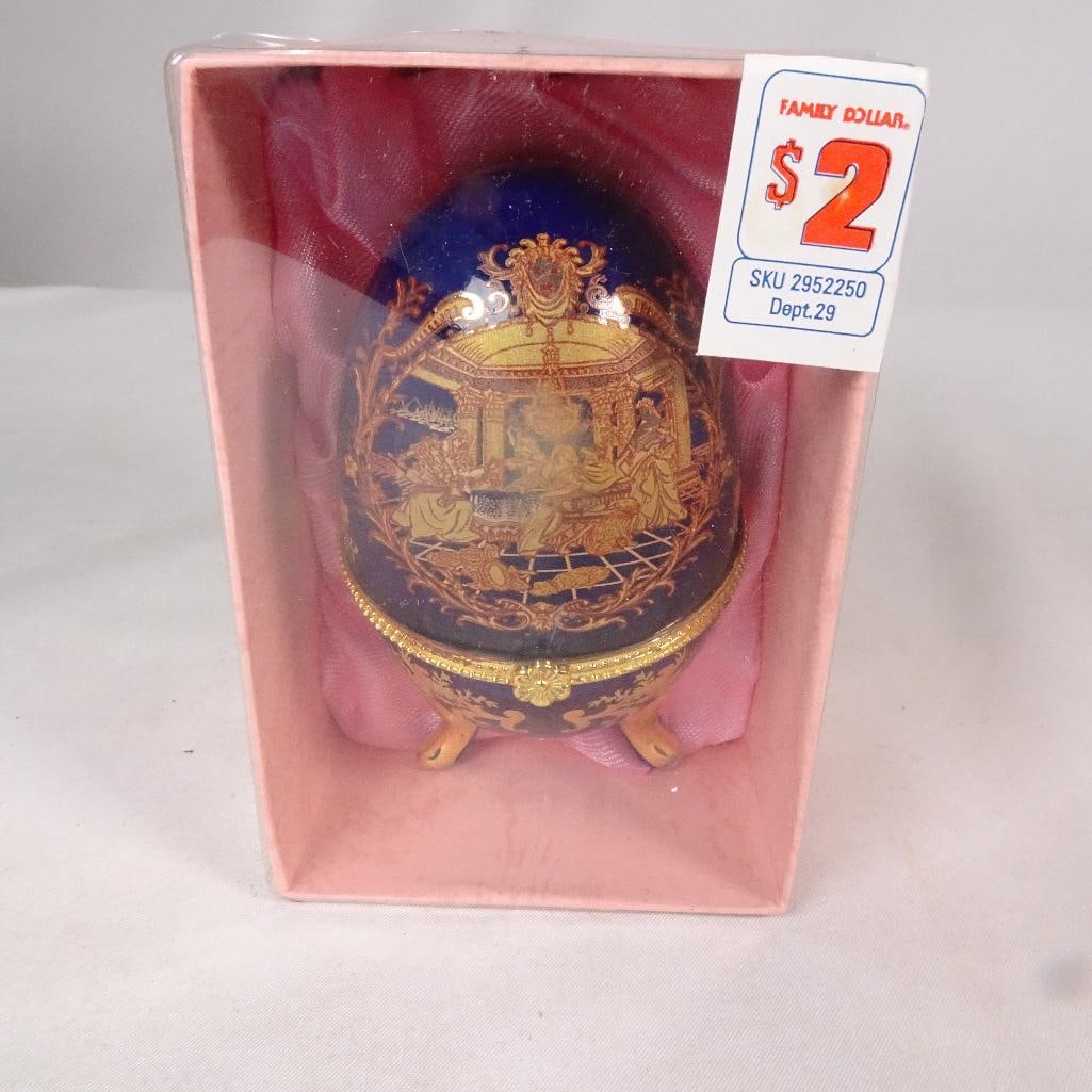 Vintage Blue Egg Trinket Box Gold Victorian Scene Decorative Jewelry Box w/ Original Box (1 of 5)
