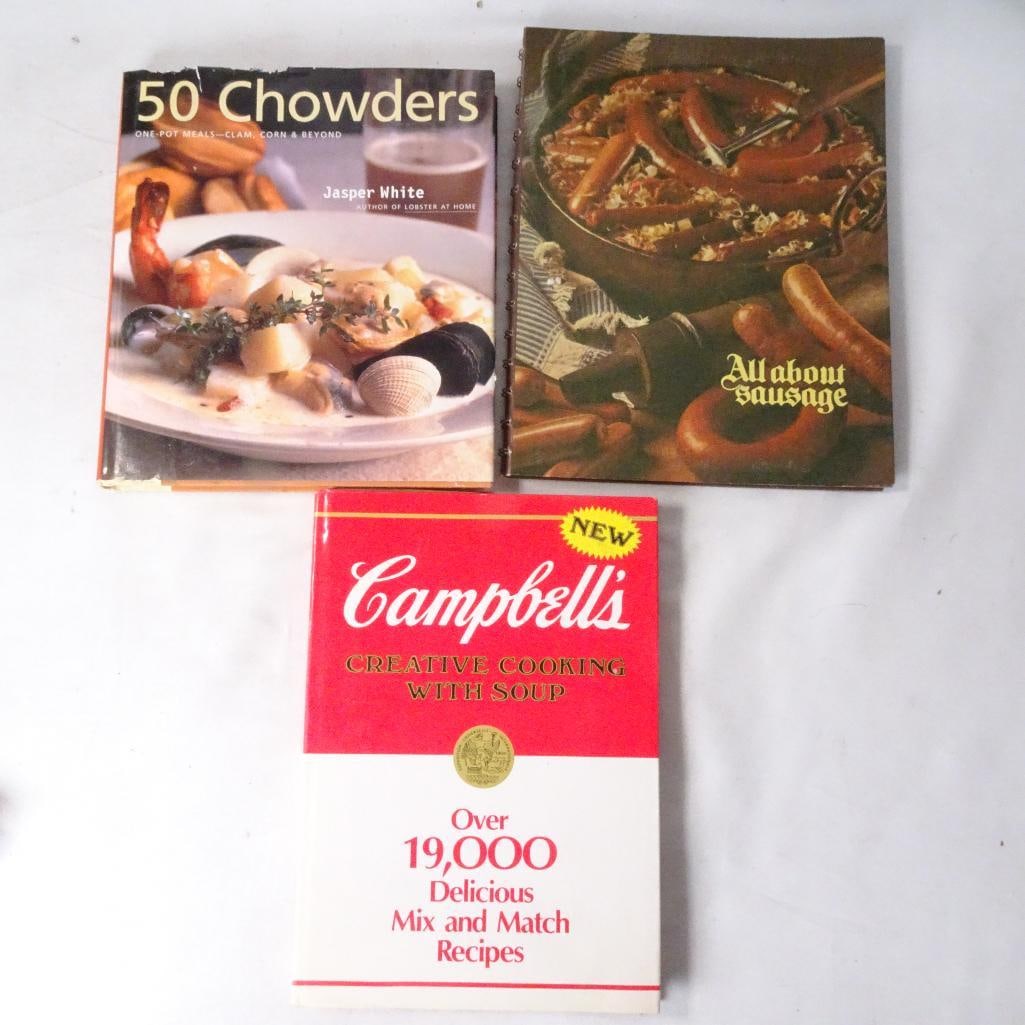 Vintage Cookbook Lot: Vintage cookbook collection featuring hearty comfort food recipes including chowders, sausage dishes, and classic Campbell?s soup creations. Great lot for cookbook collectors, retro kitchen decor, hom