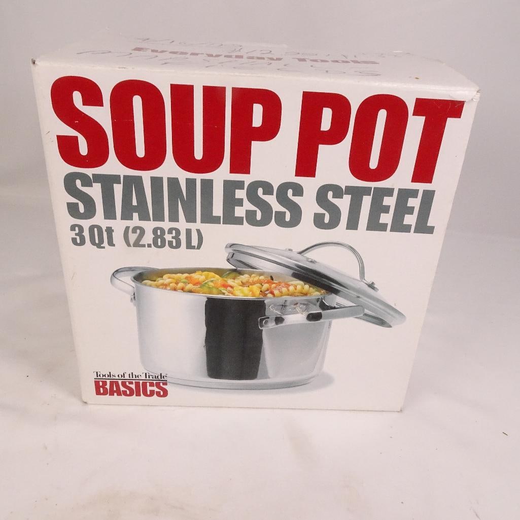 Tools of the Trade Basics 3 Qt Stainless Steel Soup Pot w Glass Lid New in Box: New Tools of the Trade Basics stainless steel soup pot with glass lid. Compact 3 quart (2.83L) size, great for soups, sauces, pasta, vegetables, chili, and everyday cooking. New old stock / open box c