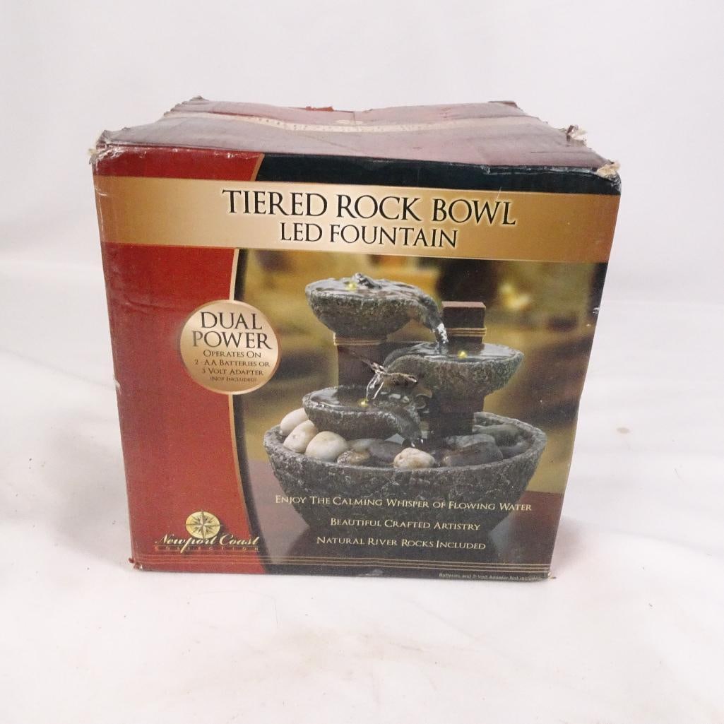 Newport Coast Collections Tiered Rock Bowl LED Tabletop Fountain Waterfall Decor: Beautiful Newport Coast Collections Tiered Rock Bowl LED Fountain. Features a relaxing cascading water design with natural stone-look finish and included decorative river rocks. Perfect for home, offi