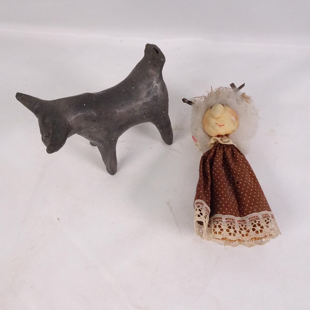 Primitive Folk Art Clay Bull Figurine and Handmade Rag Doll Rustic Decor Lot (1 of 6)