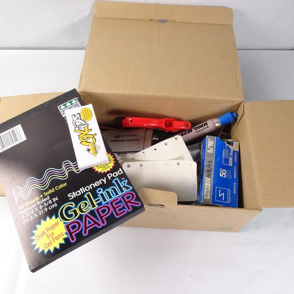 Vintage Office and School Supplies Lot: Vintage mixed office and school supplies lot including assorted pens, markers, stapler accessories, memo cards, Gel-Ink Paper stationery pad, calligraphy pen, novelty promotional pens, permanent marke