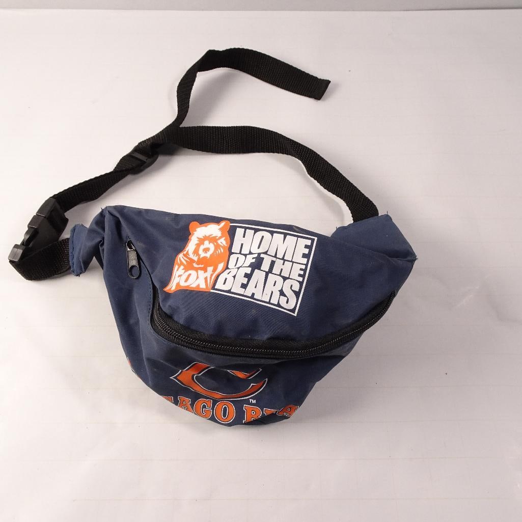 Vintage Chicago Bears NFL Fanny Pack Waist Bag Home of the Bears Fox Promo Blue: Vintage Chicago Bears waist pack (fanny pack) featuring official team colors and graphics. The bag displays the classic Chicago Bears logo on one side and "Home of the Bears" / "FOX" promotional graph