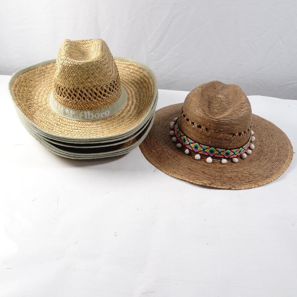 Lot of 7 Straw Hats Including Marlboro Cowboy Hats and Decorative Wide Brim Hat (1 of 12)