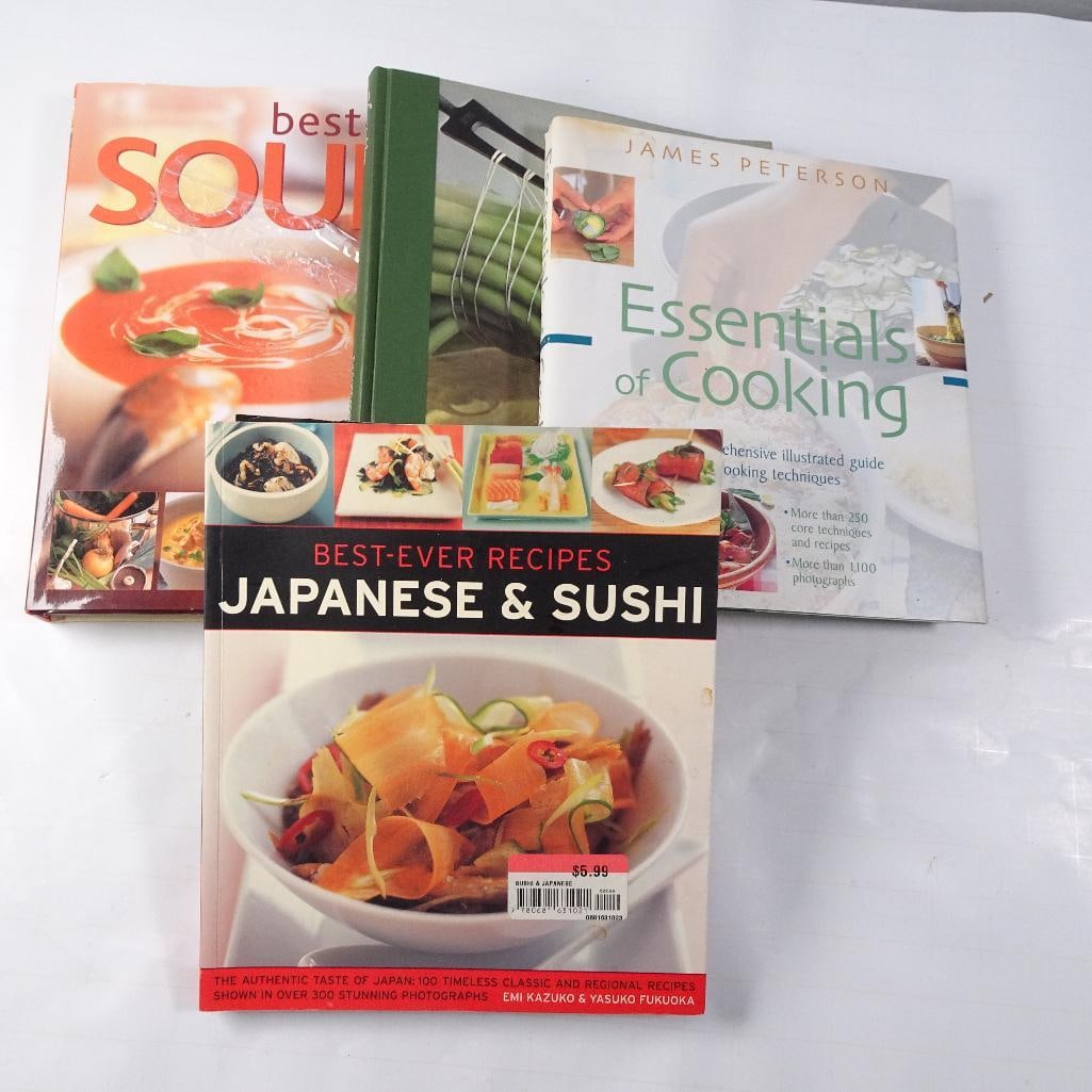 Lot of 4 Cookbooks: A great mixed cookbook collection featuring everyday cooking techniques, soups, vegetables, and authentic Japanese cuisine. Ideal for home cooks, culinary students, collectors, or anyone looking to ex