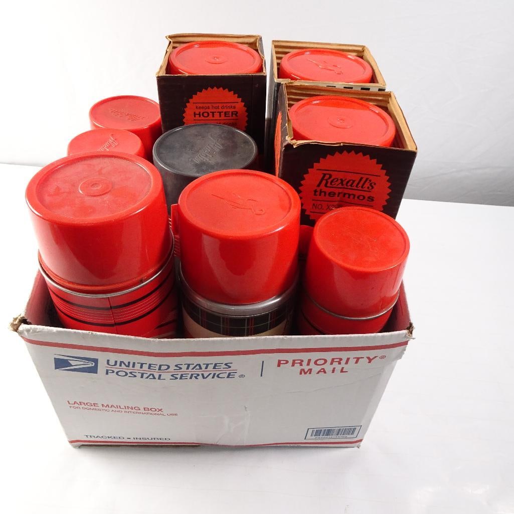 Vintage Aladdin and Rexall Thermos Lot: Vintage pre-owned condition with signs of age and use. All thermoses include their caps and inner stoppers. The glass liners are missing, therefore these thermoses have not been tested for insulation 