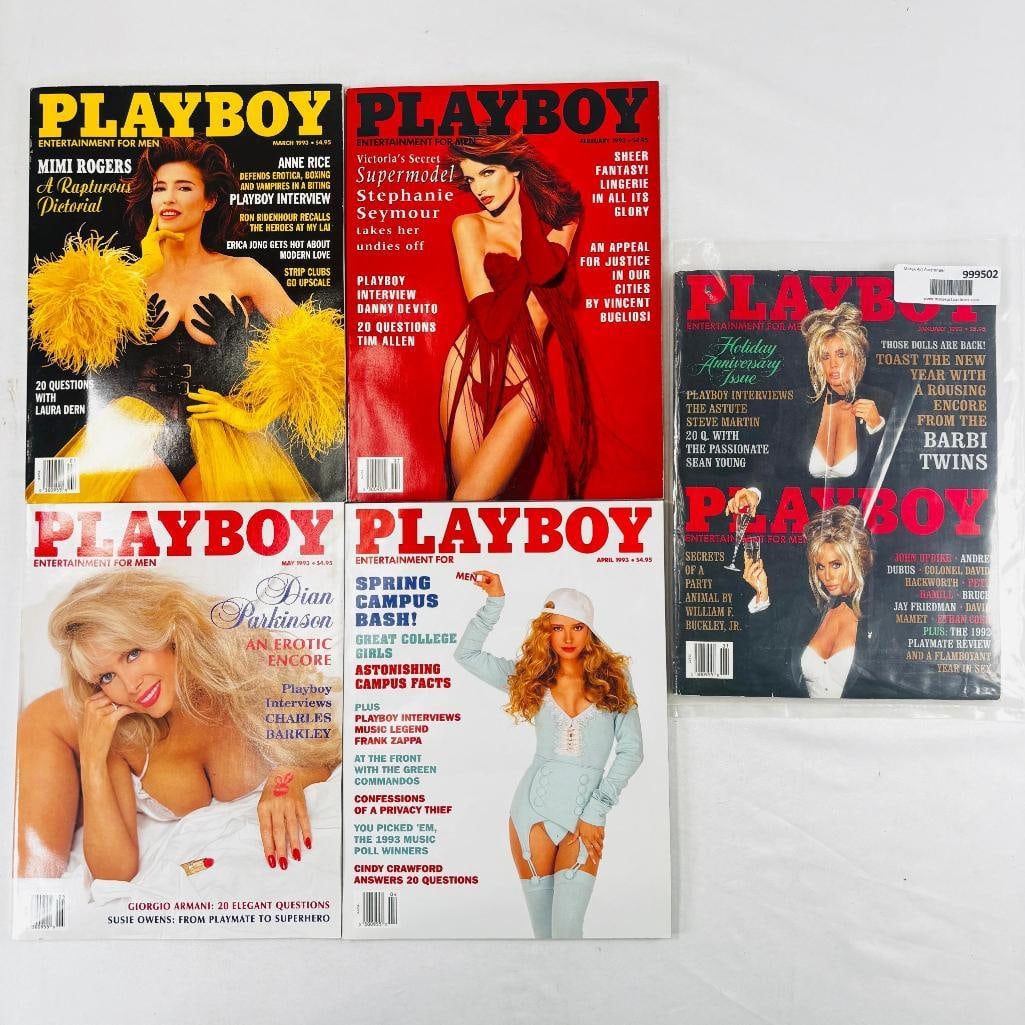 Vtg Playboy Magazines w/ Model Stephanie Seymour: set of five (5) vintage issues of Playboy Magazine. Known for its sophisticated blend of world-class photography, award-winning journalism, and interviews with the most influential figures of the 20th