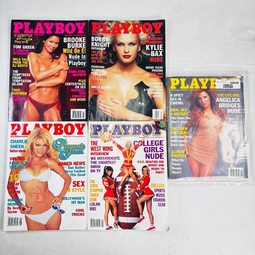 Playboy Magazines -Featuring Angelica Bridges 2001: set of five (5) vintage issues of Playboy Magazine. Known for its sophisticated blend of world-class photography, award-winning journalism, and interviews with the most influential figures of the 20th