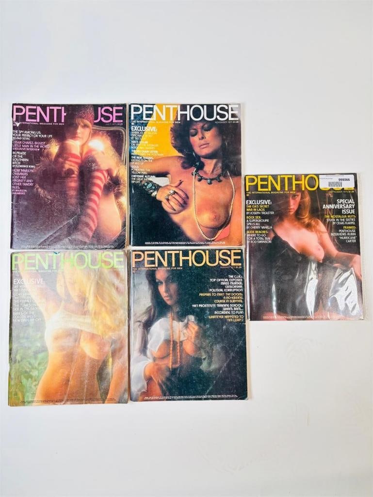 1975 Vintage Penthouse Magazine Lot: set of five (5) vintage issues of Penthouse Magazine. Known for its sophisticated blend of provocative pictorials, high-end lifestyle features, and award-winning investigative journalism, this publica
