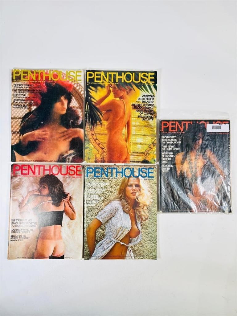 Vintage Penthouse Magazines Mid-Century: set of five (5) vintage issues of Penthouse Magazine. Known for its sophisticated blend of provocative pictorials, high-end lifestyle features, and award-winning investigative journalism, this publica