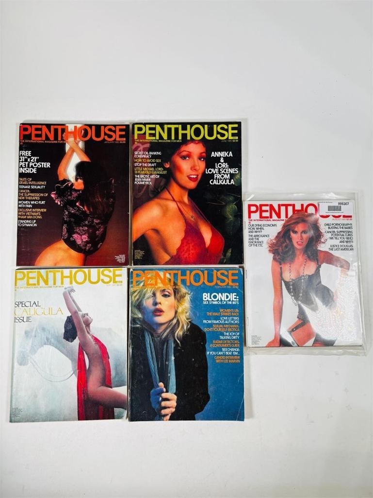 Penthouse Magazine Featuring Caligula 1980 Issue: set of five (5) vintage issues of Penthouse Magazine. Known for its sophisticated blend of provocative pictorials, high-end lifestyle features, and award-winning investigative journalism, this publica